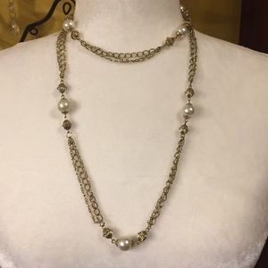 Vintage Gold Tone Links W Faux Pearls 40” EUC